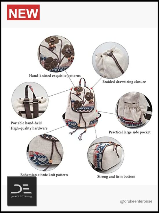 Vintage Boho Drawstring Backpack Purse Hand-Embroidered Canvas Travel Bag
